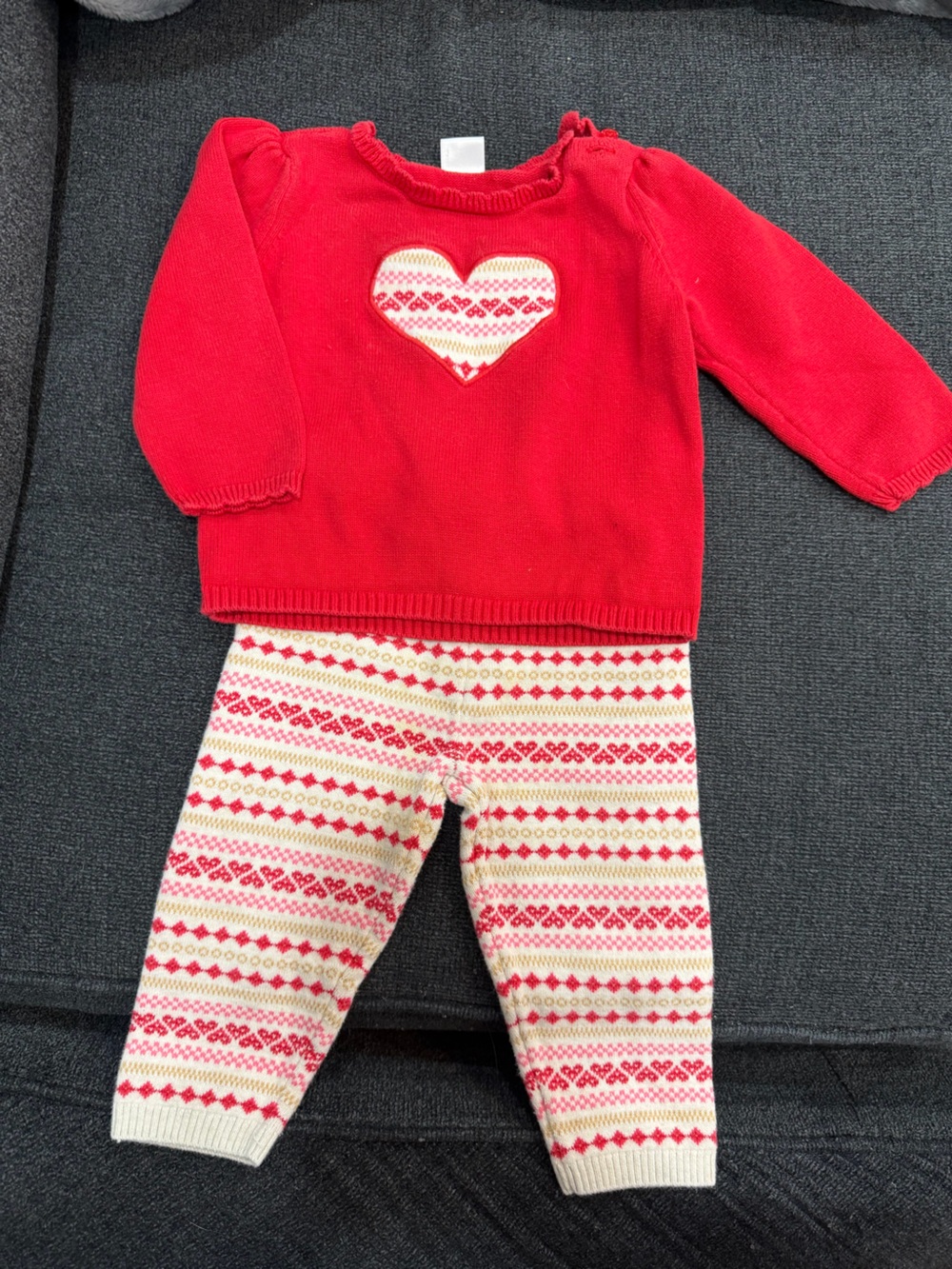 Gymboree Red Knit Heart Sweater with Fair Isle Cream & Pink Leggings